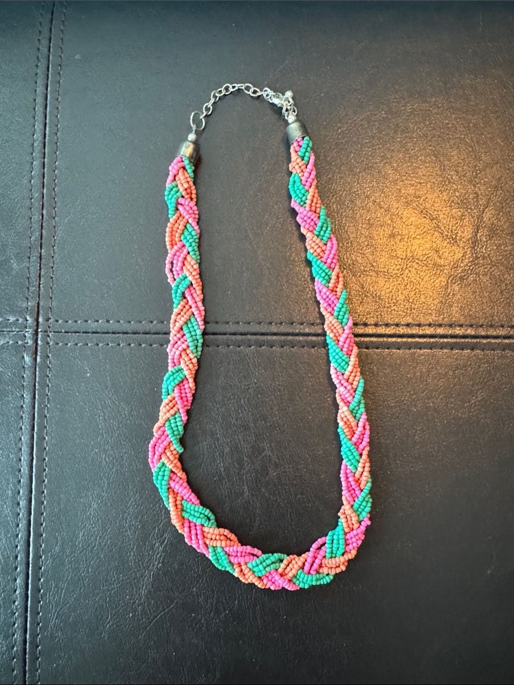 Multicolor Braided Seed Bead Necklace - Pink, Green & Coral